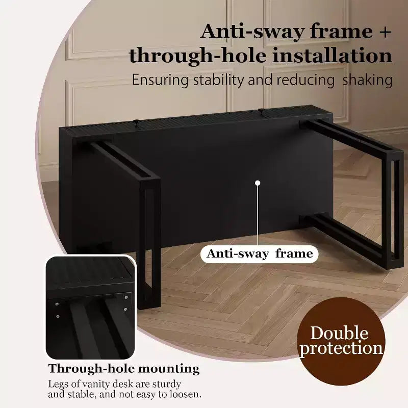 Coiffeuse avec miroir rond, petite coiffeuse moderne de 100 cm, table de maquillage avec 2 tiroirs, coiffeuse compacte pour chambre à coucher
