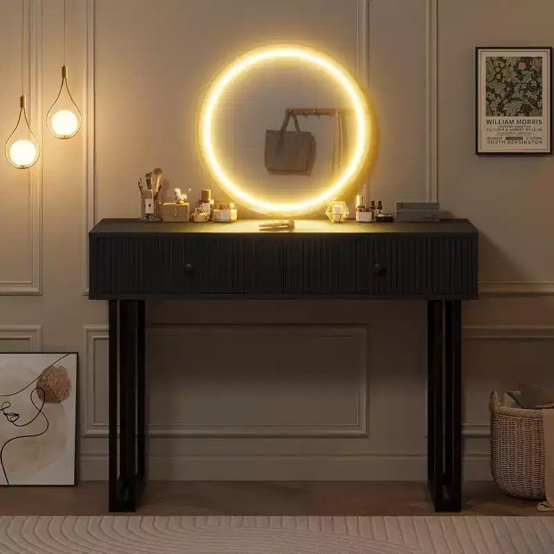 Coiffeuse avec miroir rond, petite coiffeuse moderne de 100 cm, table de maquillage avec 2 tiroirs, coiffeuse compacte pour chambre à coucher