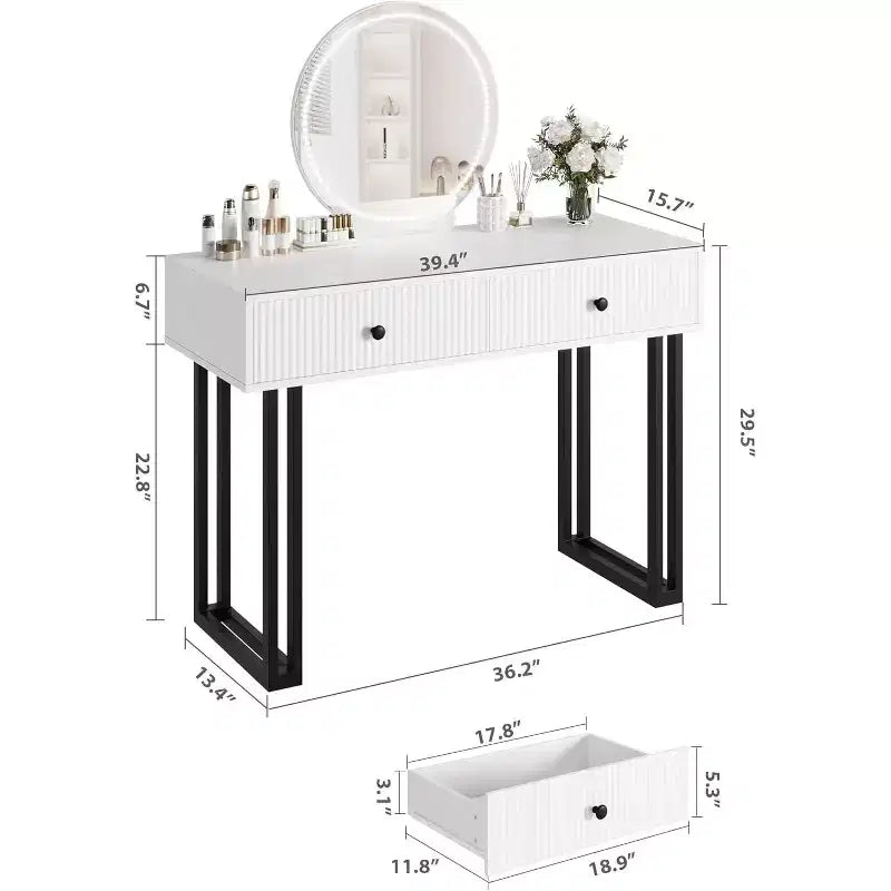 Coiffeuse avec miroir rond, petite coiffeuse moderne de 100 cm, table de maquillage avec 2 tiroirs, coiffeuse compacte pour chambre à coucher