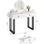 Coiffeuse avec miroir rond, petite coiffeuse moderne de 100 cm, table de maquillage avec 2 tiroirs, coiffeuse compacte pour chambre à coucher