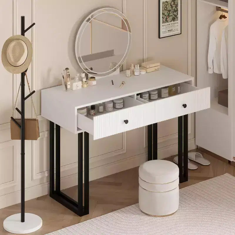 Coiffeuse avec miroir rond, petite coiffeuse moderne de 100 cm, table de maquillage avec 2 tiroirs, coiffeuse compacte pour chambre à coucher
