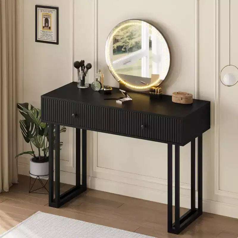 Vanity Makeup Desk with Round Mirror, 40 Small Modern Vanity Desk, Dressing Table with 2 Drawers, Compact Vanity Desk for Bedroom