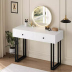 Coiffeuse avec miroir rond, petite coiffeuse moderne de 100 cm, table de maquillage avec 2 tiroirs, coiffeuse compacte pour chambre à coucher