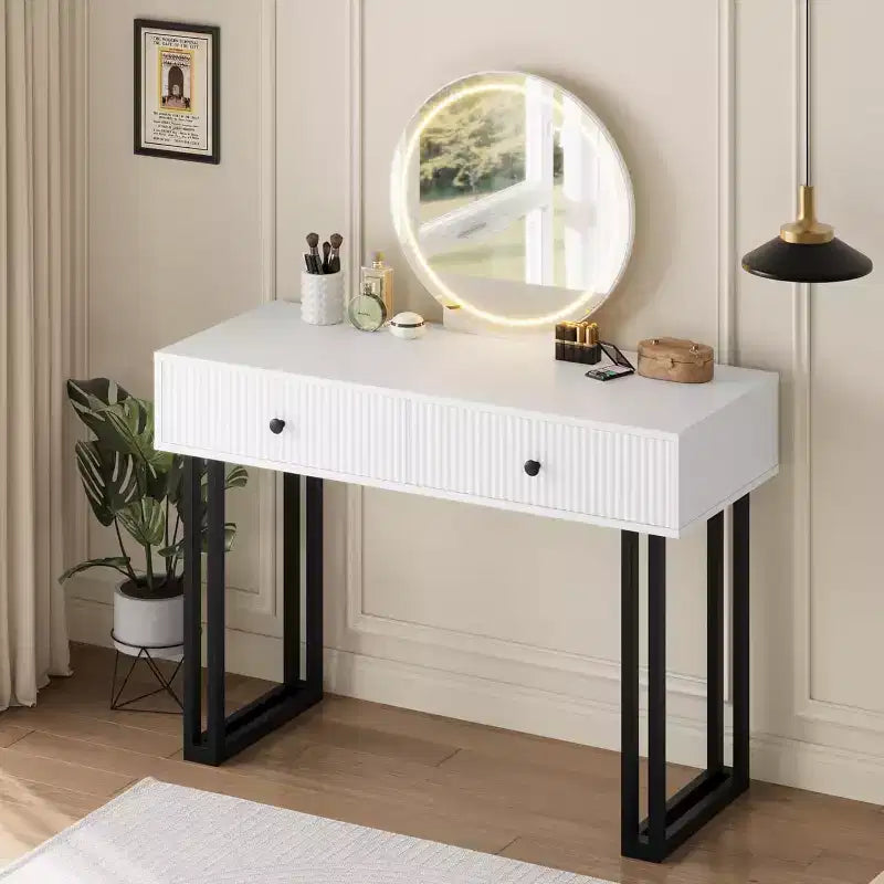 Coiffeuse avec miroir rond, petite coiffeuse moderne de 100 cm, table de maquillage avec 2 tiroirs, coiffeuse compacte pour chambre à coucher