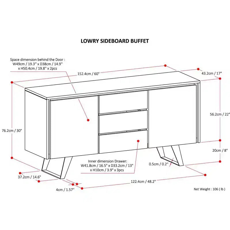 Buffet moderne industriel rectangulaire Mitchell de 152,4 x 43,18 cm en placage de noyer