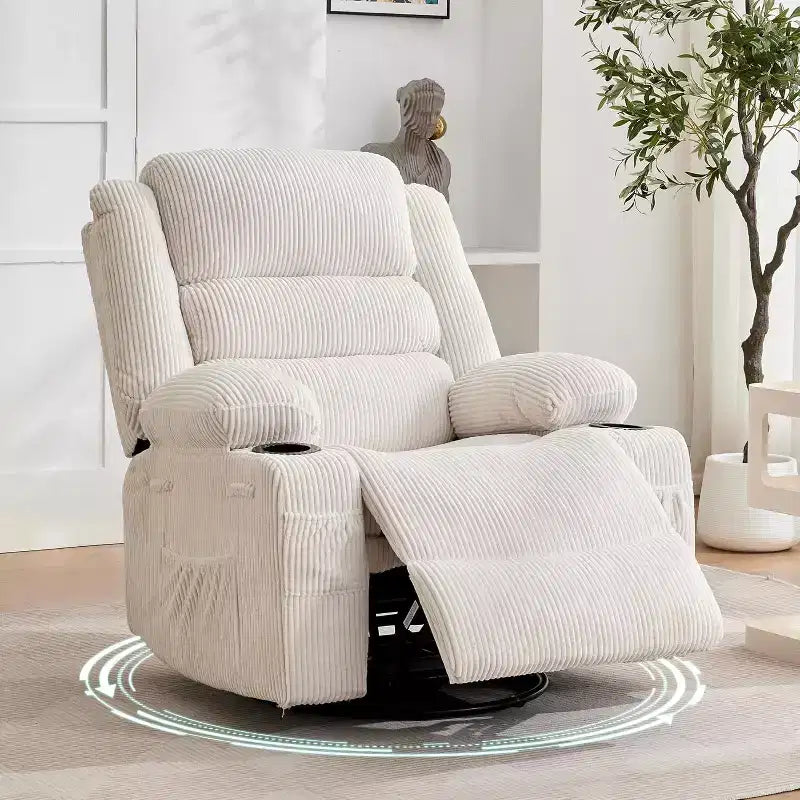 360 Swivel Rocker Recliner Chair for Adults, Rocking Manual Glider Sofa with 3 Positions, 2 Cup Holders, 4 Pockets for Living Room, Bedroom