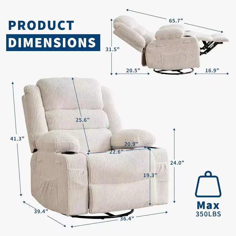 Fauteuil inclinable pivotant à 360° pour adultes, canapé-planeur manuel à bascule avec 3 positions, 2 porte-gobelets, 4 poches pour salon, chambre à coucher