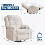 Fauteuil inclinable pivotant à 360° pour adultes, canapé-planeur manuel à bascule avec 3 positions, 2 porte-gobelets, 4 poches pour salon, chambre à coucher