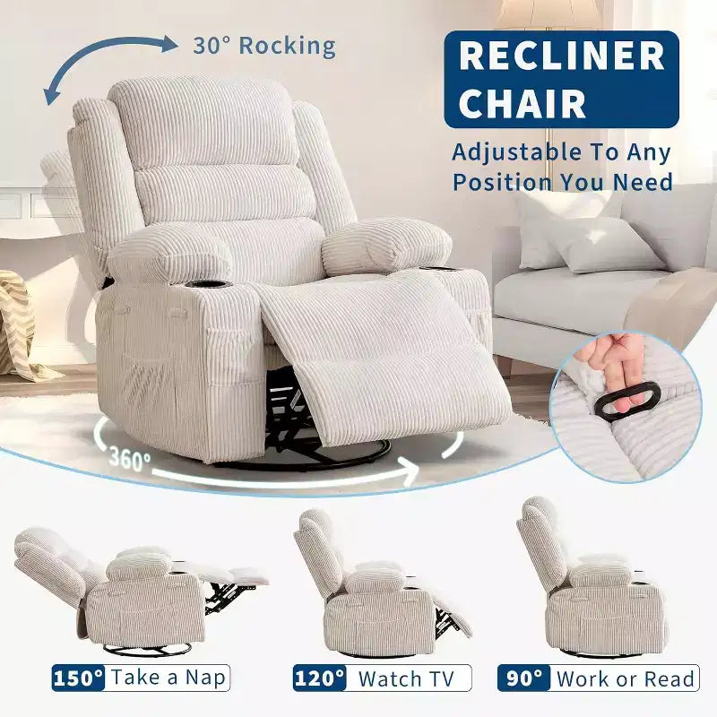Fauteuil inclinable pivotant à 360° pour adultes, canapé-planeur manuel à bascule avec 3 positions, 2 porte-gobelets, 4 poches pour salon, chambre à coucher