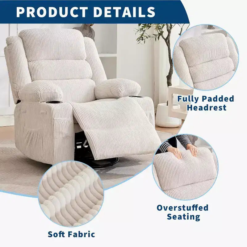 Fauteuil inclinable pivotant à 360° pour adultes, canapé-planeur manuel à bascule avec 3 positions, 2 porte-gobelets, 4 poches pour salon, chambre à coucher