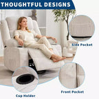Fauteuil inclinable pivotant à 360° pour adultes, canapé-planeur manuel à bascule avec 3 positions, 2 porte-gobelets, 4 poches pour salon, chambre à coucher