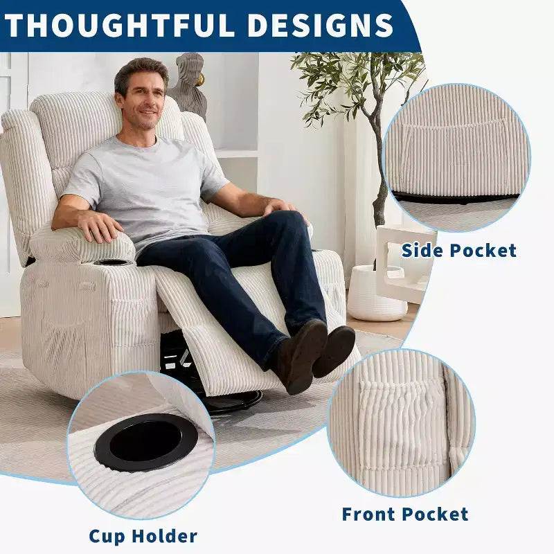 Fauteuil inclinable pivotant à 360° pour adultes, canapé-planeur manuel à bascule avec 3 positions, 2 porte-gobelets, 4 poches pour salon, chambre à coucher