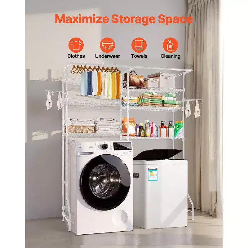 VIYET Étagère réglable à 6 niveaux pour machine à laver/sèche-linge, avec tringle et crochets, blanc, gain de place pour la buanderie