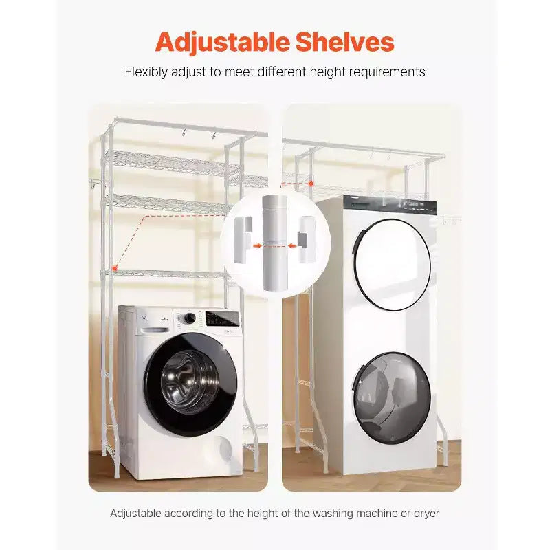 VIYET Étagère réglable à 6 niveaux pour machine à laver/sèche-linge, avec tringle et crochets, blanc, gain de place pour la buanderie