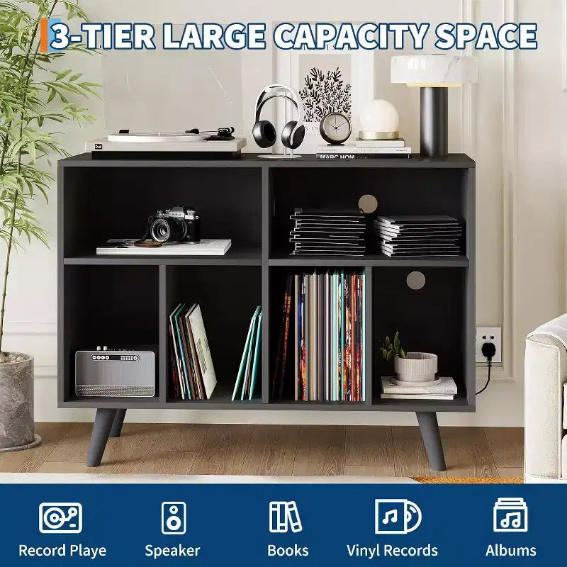 Meuble de rangement pour platine vinyle, grand format, en bois, avec prise de courant, étagère pour platine vinyle pouvant contenir 350 albums, pour salon