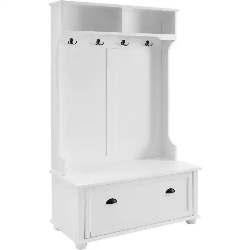Porte-manteau d'entrée 4-en-1 avec étagère supérieure, banc de rangement, 4 patères, porte basculante, étagères ouvertes, banc latéral pour couloir ou entrée