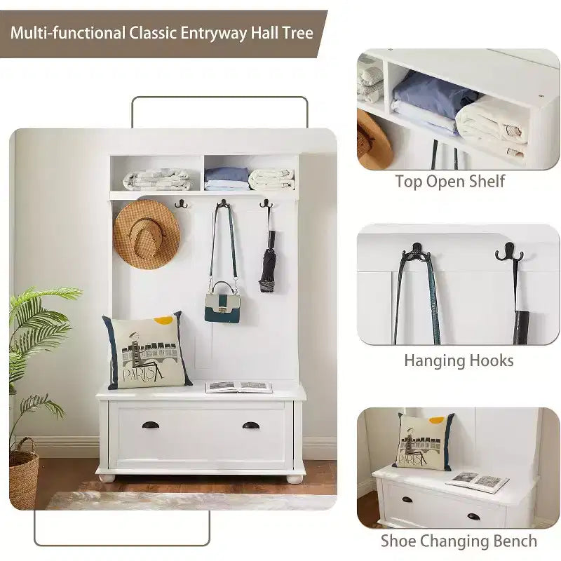 Porte-manteau d'entrée 4-en-1 avec étagère supérieure, banc de rangement, 4 patères, porte basculante, étagères ouvertes, banc latéral pour couloir ou entrée
