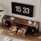 Meuble TV moderne avec 2 tiroirs en tissu, centre de divertissement en bois pour téléviseurs jusqu'à 75 pouces, table console multimédia avec étagères ouvertes pour salon et chambre