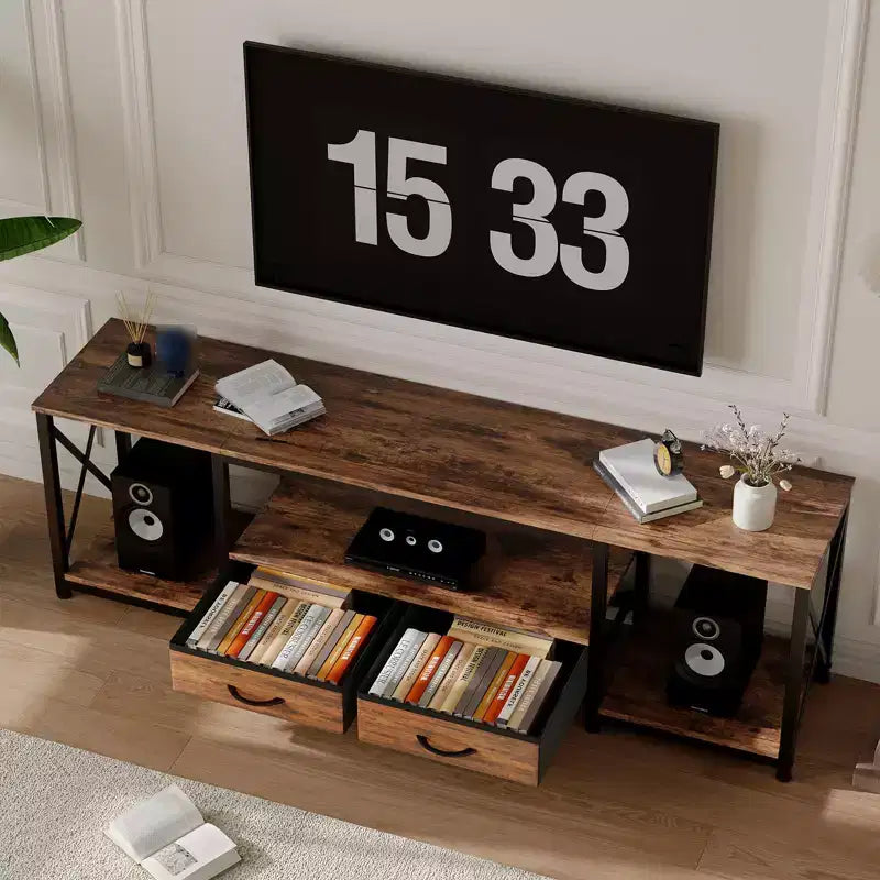 Meuble TV moderne avec 2 tiroirs en tissu, centre de divertissement en bois pour téléviseurs jusqu'à 75 pouces, table console multimédia avec étagères ouvertes pour salon et chambre