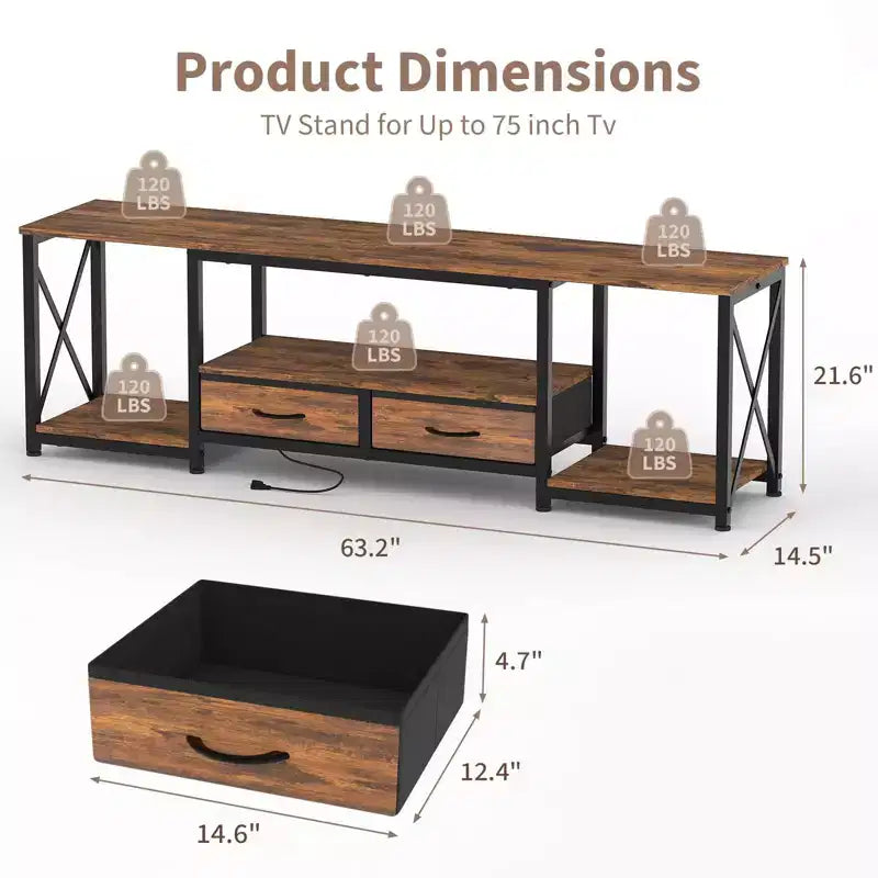 Meuble TV moderne avec 2 tiroirs en tissu, centre de divertissement en bois pour téléviseurs jusqu'à 75 pouces, table console multimédia avec étagères ouvertes pour salon et chambre