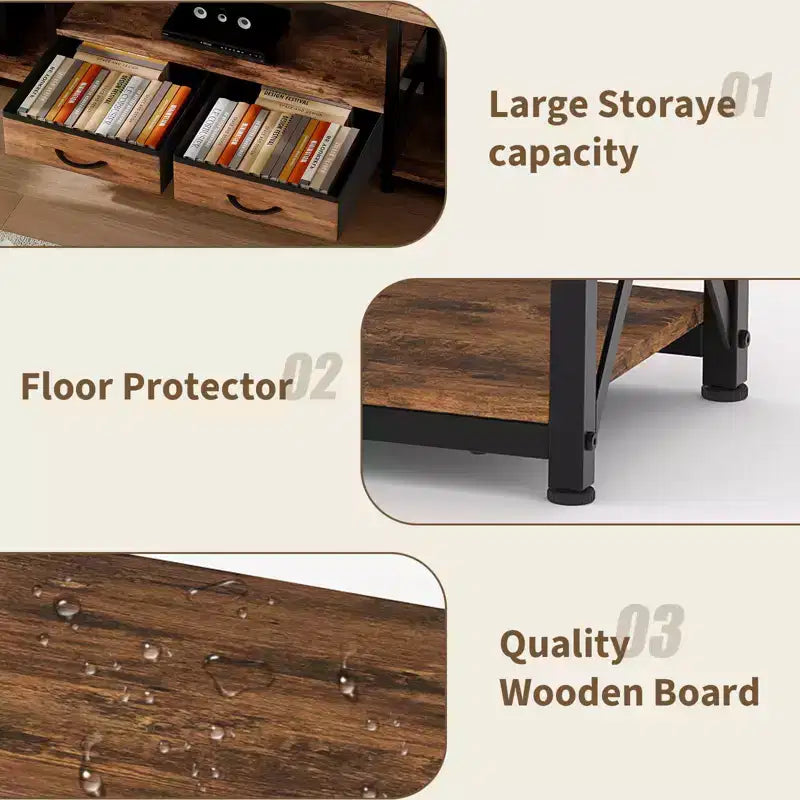 Meuble TV moderne avec 2 tiroirs en tissu, centre de divertissement en bois pour téléviseurs jusqu'à 75 pouces, table console multimédia avec étagères ouvertes pour salon et chambre