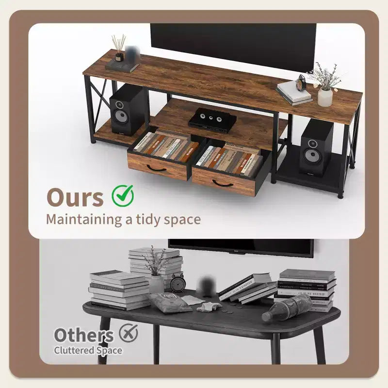 Meuble TV moderne avec 2 tiroirs en tissu, centre de divertissement en bois pour téléviseurs jusqu'à 75 pouces, table console multimédia avec étagères ouvertes pour salon et chambre