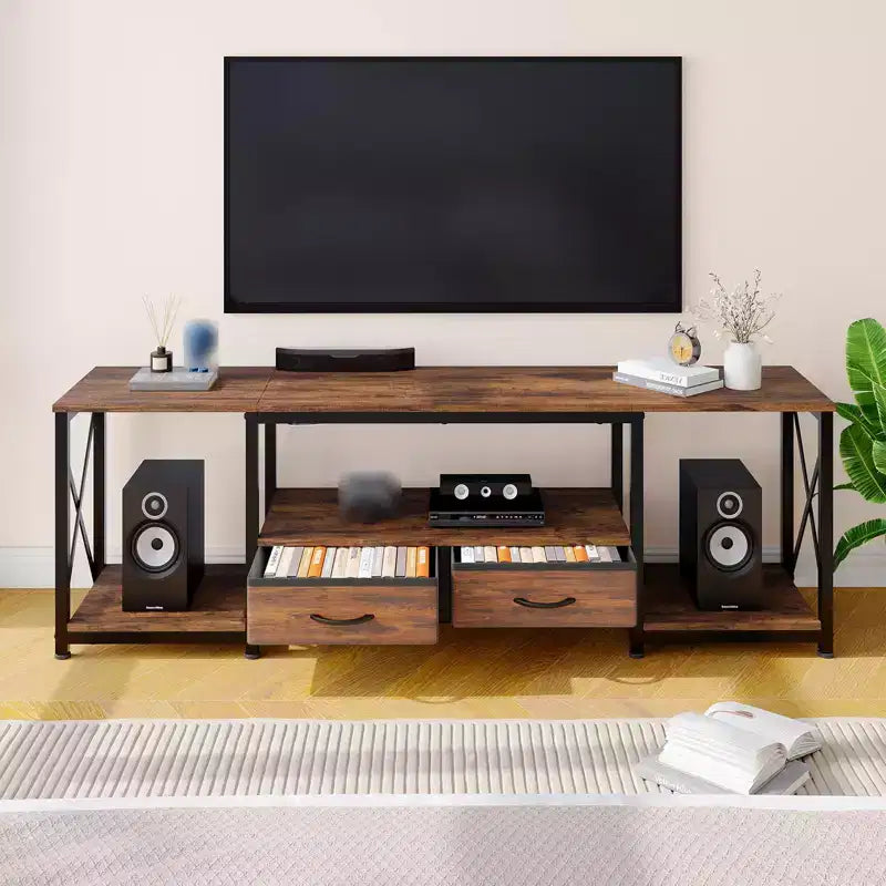 Meuble TV moderne avec 2 tiroirs en tissu, centre de divertissement en bois pour téléviseurs jusqu'à 75 pouces, table console multimédia avec étagères ouvertes pour salon et chambre