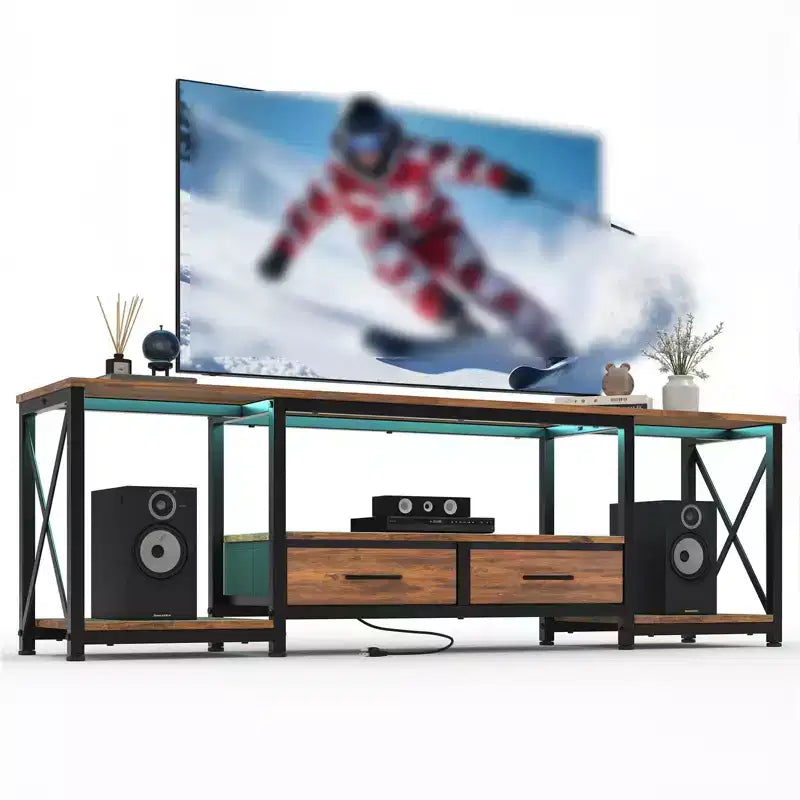 Meuble TV moderne avec 2 tiroirs en tissu, centre de divertissement en bois pour téléviseurs jusqu'à 75 pouces, table console multimédia avec étagères ouvertes pour salon et chambre