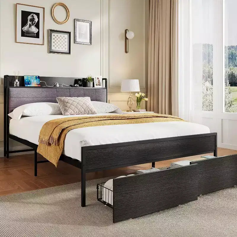 Full Bed Frame with Storage Drawers, Grey Upholstered Headboard Bed with 2-Tier Storage Shelf, Black Metal Platform Bed Frame, No Box Spring Needed