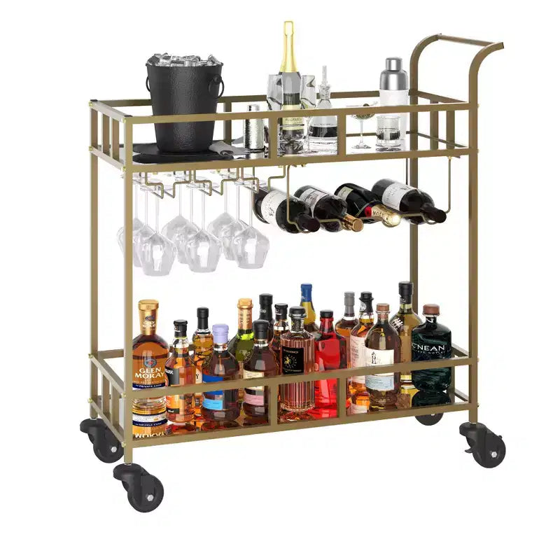 Chariot de bar à roulettes à 2 niveaux, petit chariot à alcool avec étagères en miroir, porte-bouteilles et porte-verres, compact pour les fêtes dans le salon, argenté