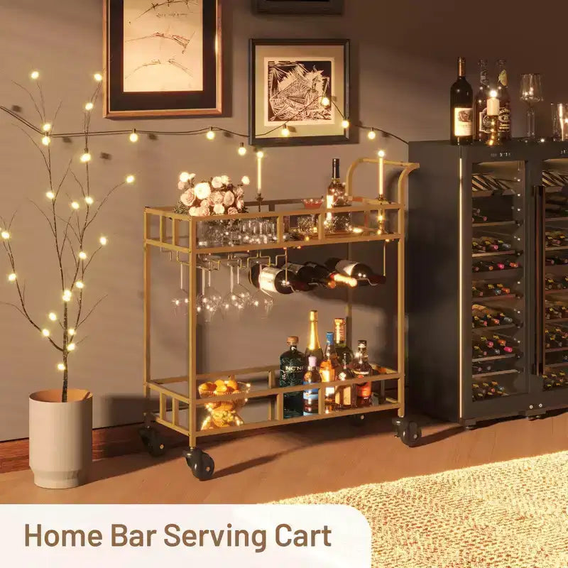 Chariot de bar à roulettes à 2 niveaux, petit chariot à alcool avec étagères en miroir, porte-bouteilles et porte-verres, compact pour les fêtes dans le salon, argenté