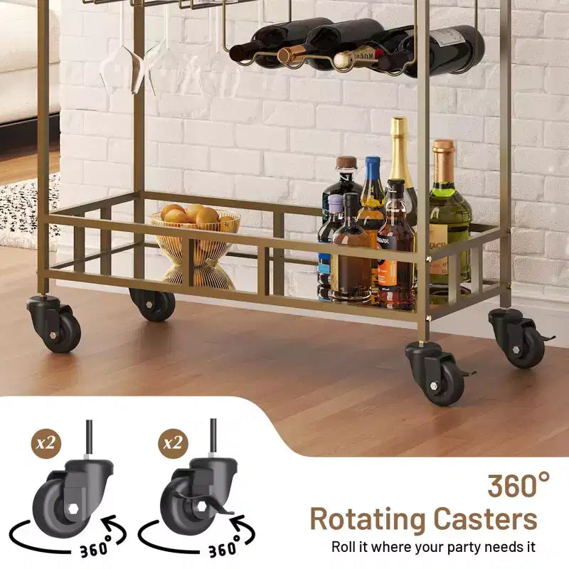 Chariot de bar à roulettes à 2 niveaux, petit chariot à alcool avec étagères en miroir, porte-bouteilles et porte-verres, compact pour les fêtes dans le salon, argenté