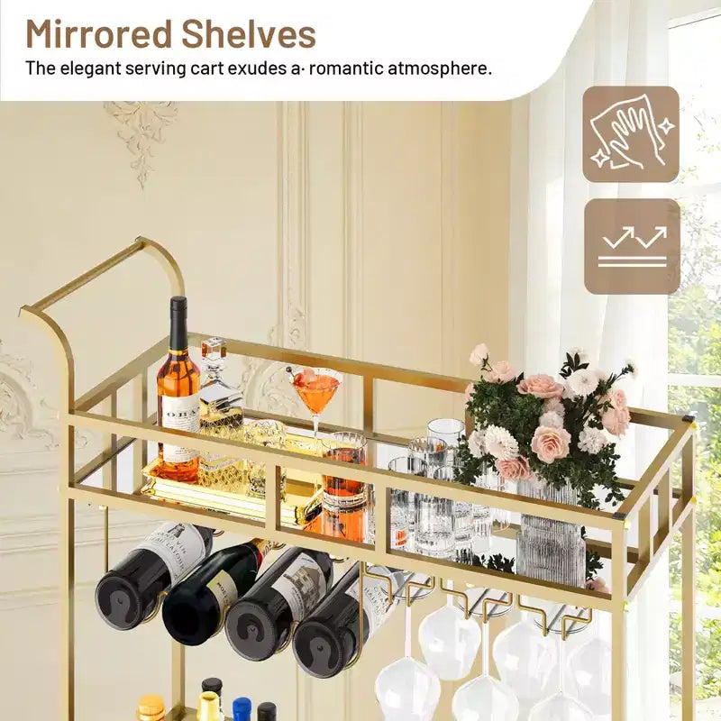 Chariot de bar à roulettes à 2 niveaux, petit chariot à alcool avec étagères en miroir, porte-bouteilles et porte-verres, compact pour les fêtes dans le salon, argenté