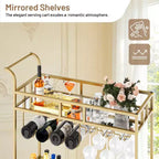 Chariot de bar à roulettes à 2 niveaux, petit chariot à alcool avec étagères en miroir, porte-bouteilles et porte-verres, compact pour les fêtes dans le salon, argenté