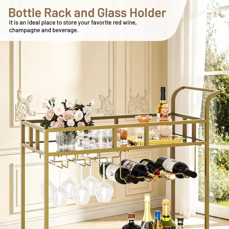 Chariot de bar à roulettes à 2 niveaux, petit chariot à alcool avec étagères en miroir, porte-bouteilles et porte-verres, compact pour les fêtes dans le salon, argenté