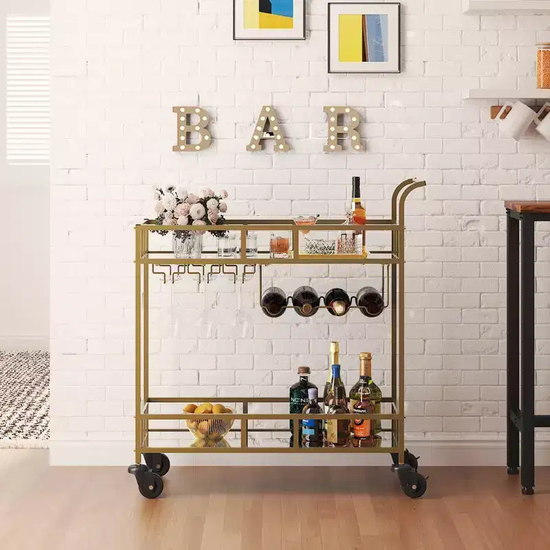 Chariot de bar à roulettes à 2 niveaux, petit chariot à alcool avec étagères en miroir, porte-bouteilles et porte-verres, compact pour les fêtes dans le salon, argenté