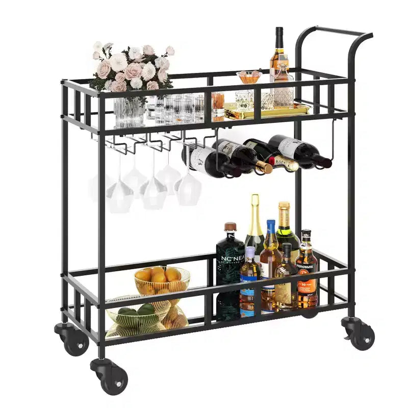 Chariot de bar à roulettes à 2 niveaux, petit chariot à alcool avec étagères en miroir, porte-bouteilles et porte-verres, compact pour les fêtes dans le salon, argenté