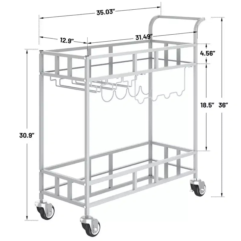 Chariot de bar à roulettes à 2 niveaux, petit chariot à alcool avec étagères en miroir, porte-bouteilles et porte-verres, compact pour les fêtes dans le salon, argenté
