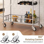Chariot de bar à roulettes à 2 niveaux, petit chariot à alcool avec étagères en miroir, porte-bouteilles et porte-verres, compact pour les fêtes dans le salon, argenté