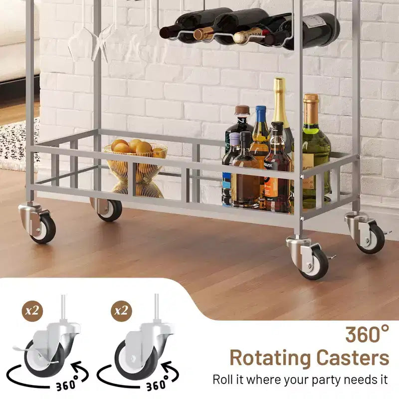 Chariot de bar à roulettes à 2 niveaux, petit chariot à alcool avec étagères en miroir, porte-bouteilles et porte-verres, compact pour les fêtes dans le salon, argenté