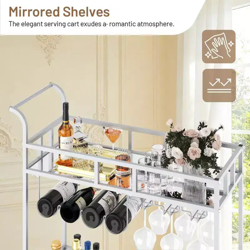 Chariot de bar à roulettes à 2 niveaux, petit chariot à alcool avec étagères en miroir, porte-bouteilles et porte-verres, compact pour les fêtes dans le salon, argenté