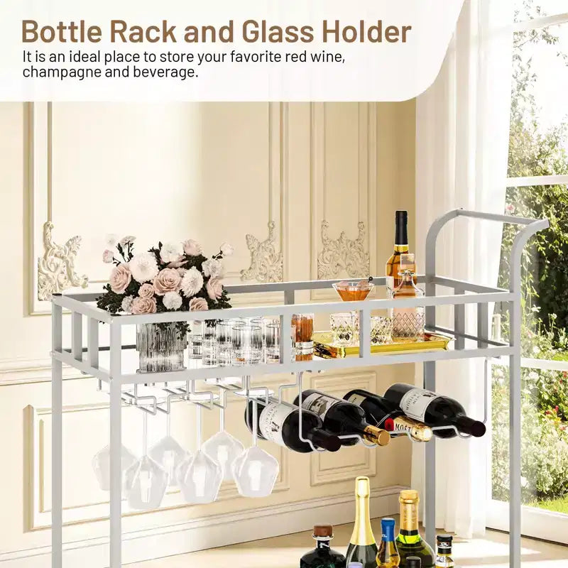 Chariot de bar à roulettes à 2 niveaux, petit chariot à alcool avec étagères en miroir, porte-bouteilles et porte-verres, compact pour les fêtes dans le salon, argenté