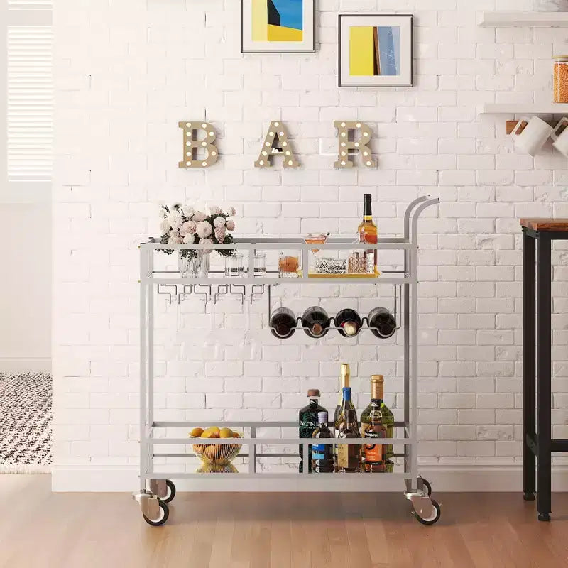 Chariot de bar à roulettes à 2 niveaux, petit chariot à alcool avec étagères en miroir, porte-bouteilles et porte-verres, compact pour les fêtes dans le salon, argenté