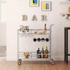 Chariot de bar à roulettes à 2 niveaux, petit chariot à alcool avec étagères en miroir, porte-bouteilles et porte-verres, compact pour les fêtes dans le salon, argenté