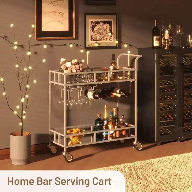 Chariot de bar à roulettes à 2 niveaux, petit chariot à alcool avec étagères en miroir, porte-bouteilles et porte-verres, compact pour les fêtes dans le salon, argenté