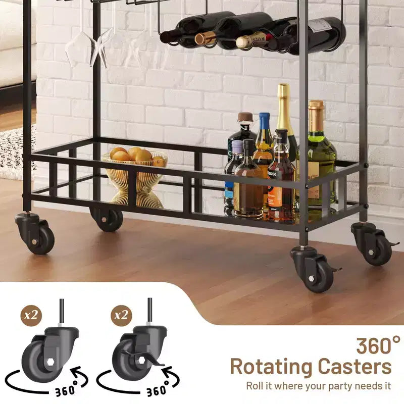 Chariot de bar à roulettes à 2 niveaux, petit chariot à alcool avec étagères en miroir, porte-bouteilles et porte-verres, compact pour les fêtes dans le salon, argenté