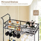 Chariot de bar à roulettes à 2 niveaux, petit chariot à alcool avec étagères en miroir, porte-bouteilles et porte-verres, compact pour les fêtes dans le salon, argenté
