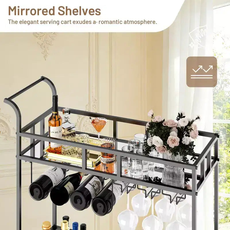 Chariot de bar à roulettes à 2 niveaux, petit chariot à alcool avec étagères en miroir, porte-bouteilles et porte-verres, compact pour les fêtes dans le salon, argenté