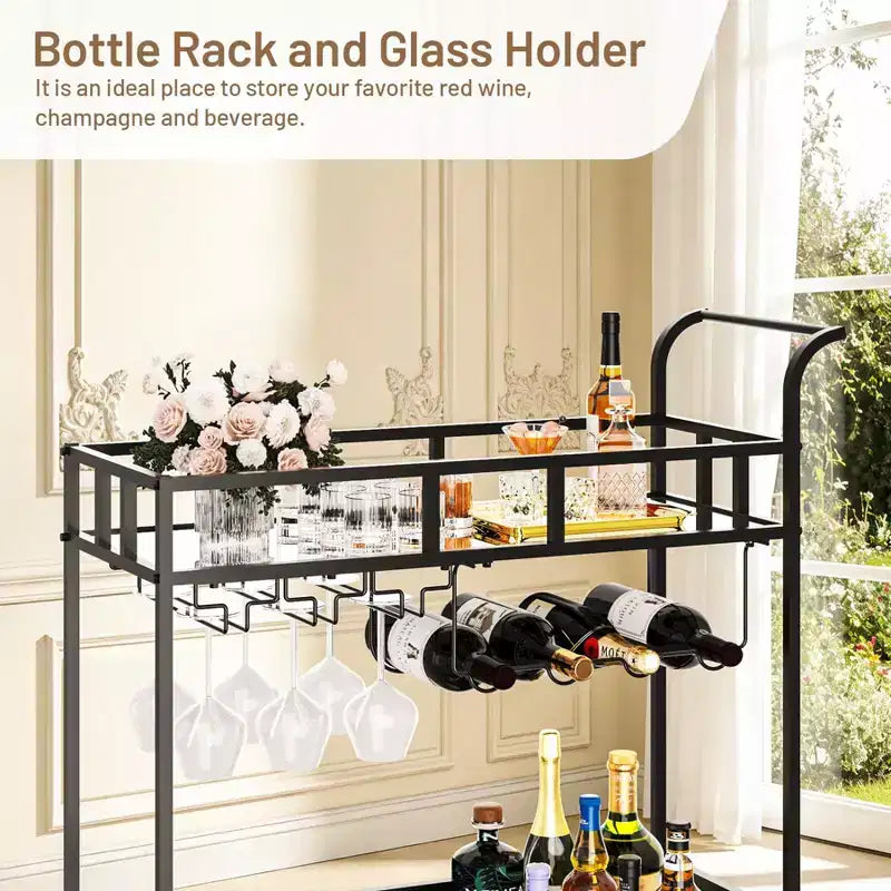 Chariot de bar à roulettes à 2 niveaux, petit chariot à alcool avec étagères en miroir, porte-bouteilles et porte-verres, compact pour les fêtes dans le salon, argenté