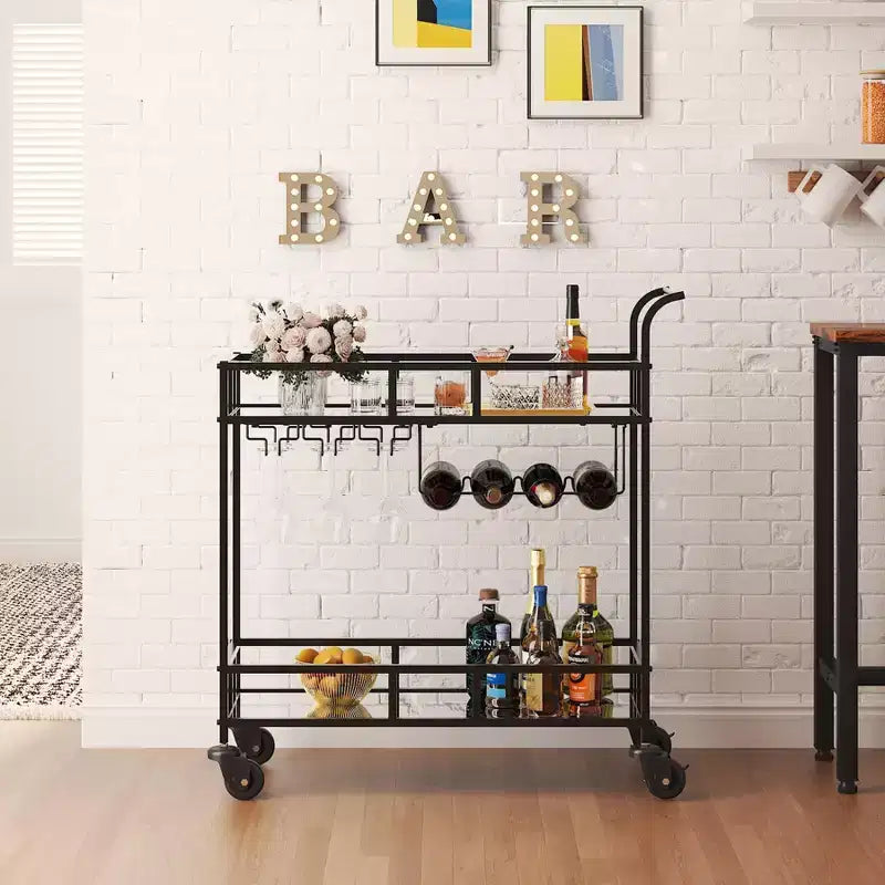 Chariot de bar à roulettes à 2 niveaux, petit chariot à alcool avec étagères en miroir, porte-bouteilles et porte-verres, compact pour les fêtes dans le salon, argenté